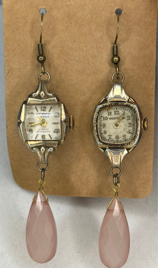 Vintage Watch Earrings Pink and Gold