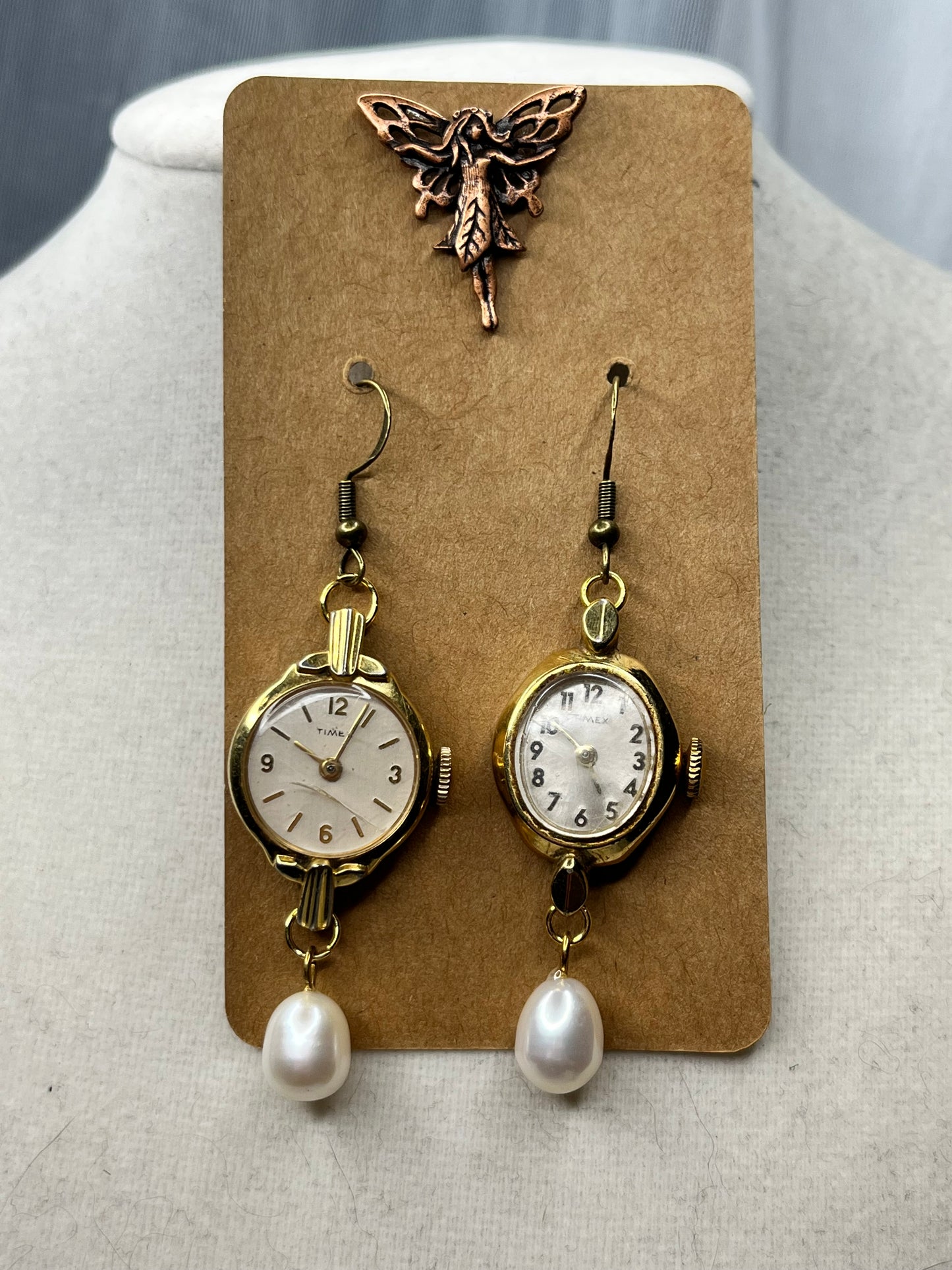 Vintage Gold Toned Timex Watch Earrings