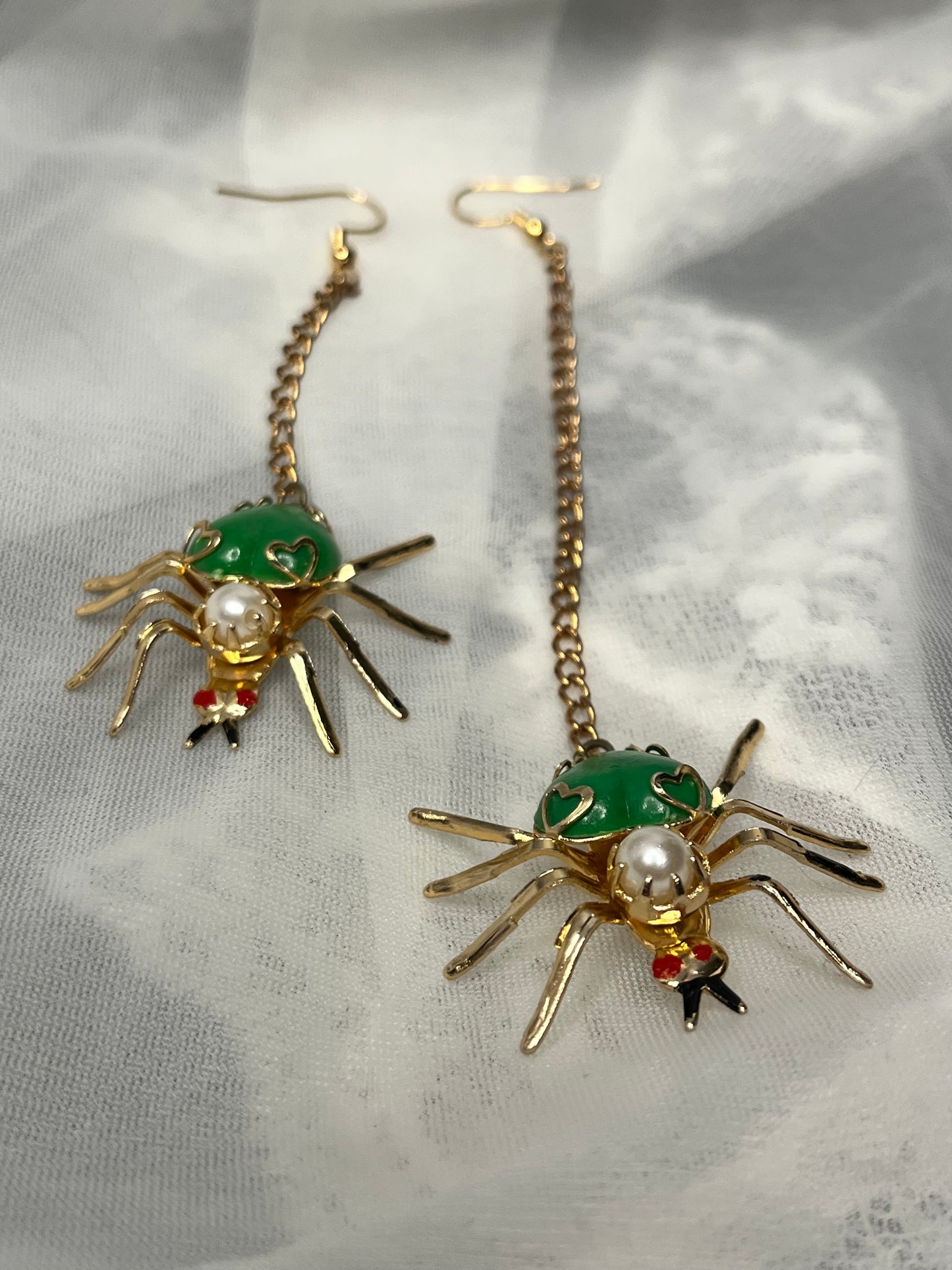 Asymmetrical Green Spider Earrings