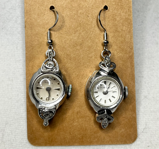 Vintage Silver Toned Timex Watch Earrings