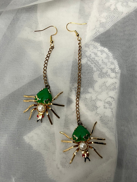 Asymmetrical Green Spider Earrings