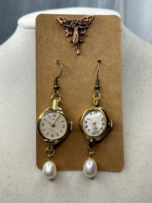 Vintage Gold Toned Timex Watch Earrings